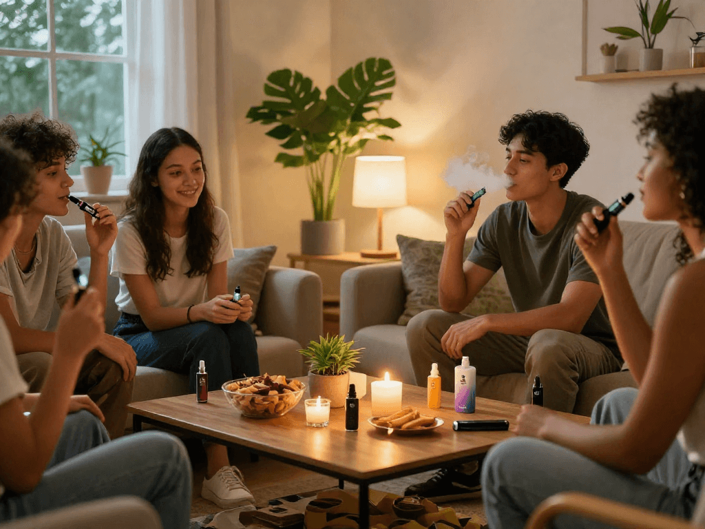 The 10/10 Boys disposable THC vape featured in a cozy gathering with friends enjoying wellness moments amidst natural elements.