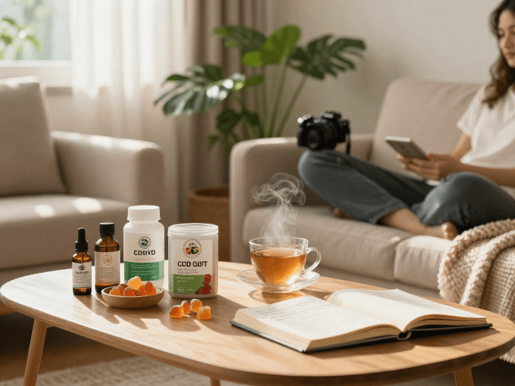Buy edibles online safely with quality CBD gummies and oils in a cozy wellness setting, emphasizing premium organic products.