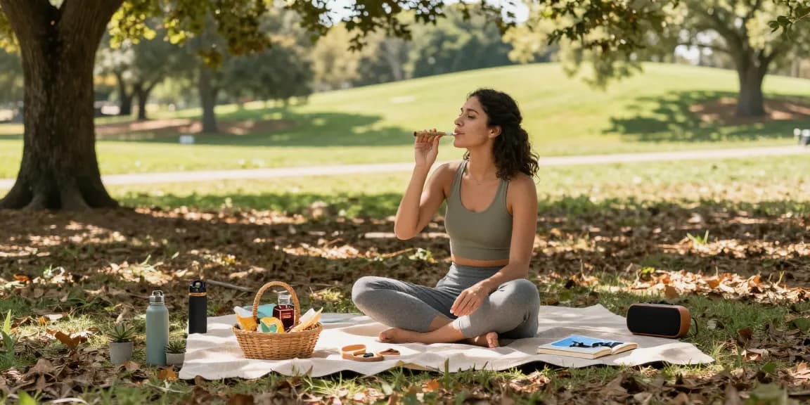 Relaxing outdoor scene with a woman enjoying prerolls, surrounded by organic snacks and nature.