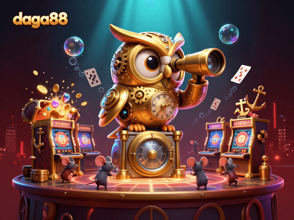 Experience the thrilling action of daga88 as a golden clockwork owl surveys the casino floor amidst vibrant game elements.