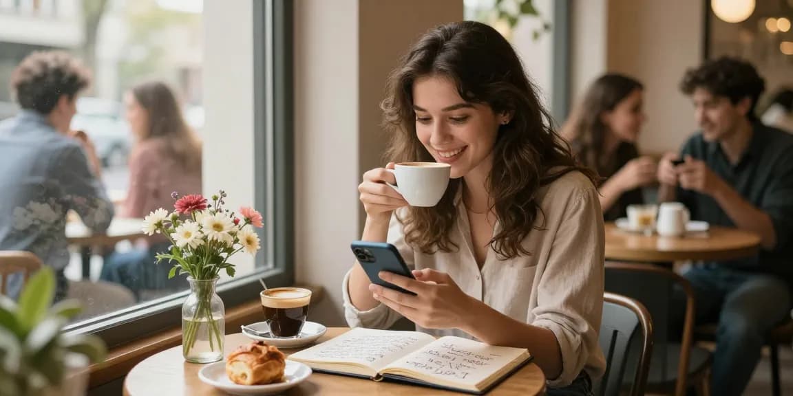 Captivating café scene where a young woman experiences joy as she has a crush on someone special, surrounded by romantic elements.