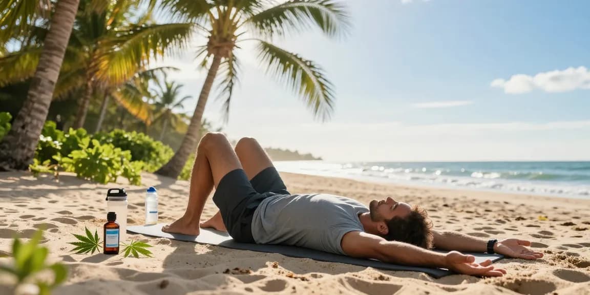 The official Ministry of Cannabis CBD oil bottle beside a man practicing yoga on the beach, emphasizing natural wellness and recovery.