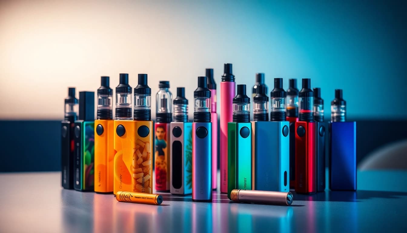 Showcase of vibrant disposable vapes in artistic arrangement on a sleek table.