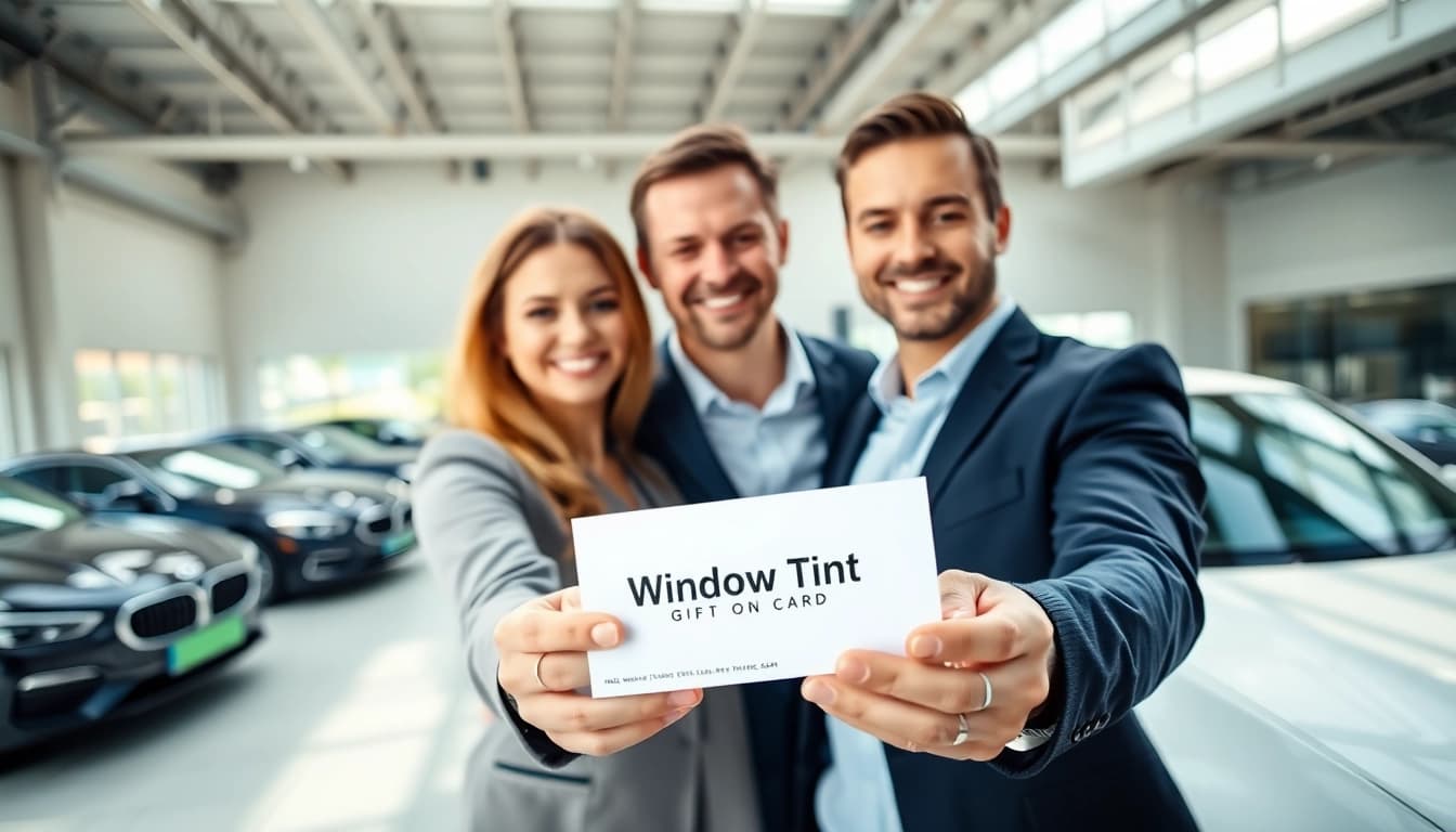 Excited couple holding a window tint gift card in a modern car showroom.
