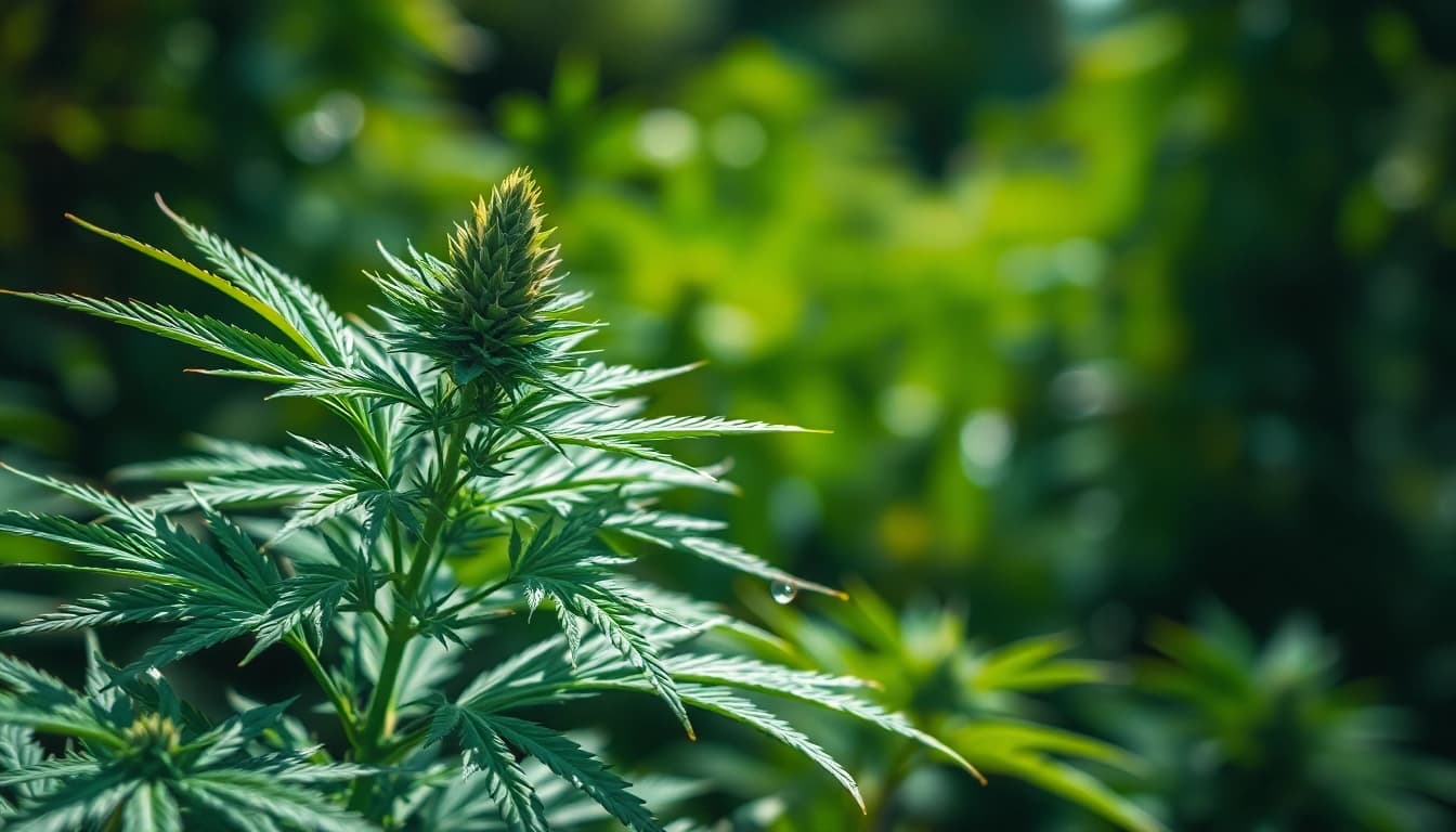 Capture the essence of geekthc with a flourishing cannabis plant in a natural setting.