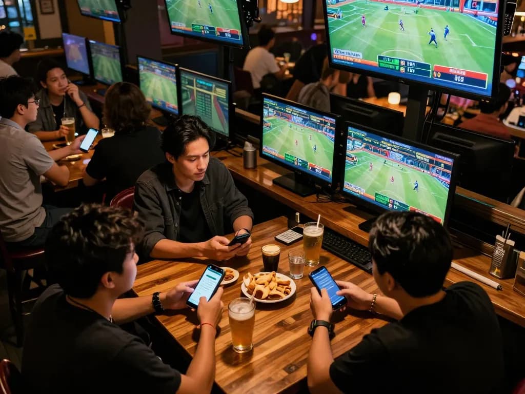 Engaged sports fans using smartphones to place keo nha cai bets while watching live games in a vibrant sports bar atmosphere.