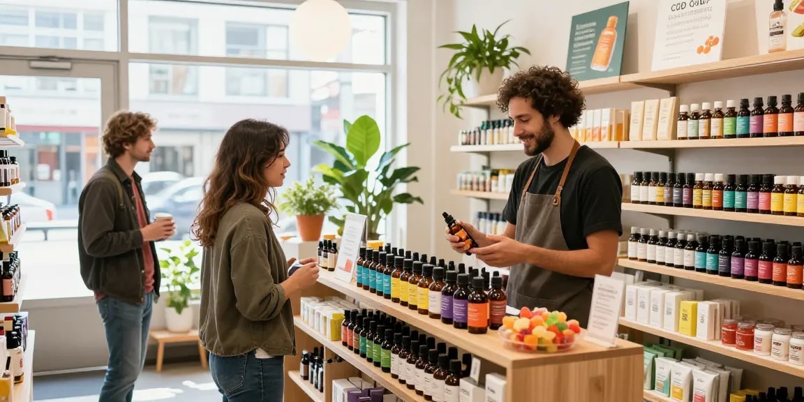 Customer selecting cbd online canada products in a vibrant Vancouver CBD shop, showcasing organic oils and wellness.