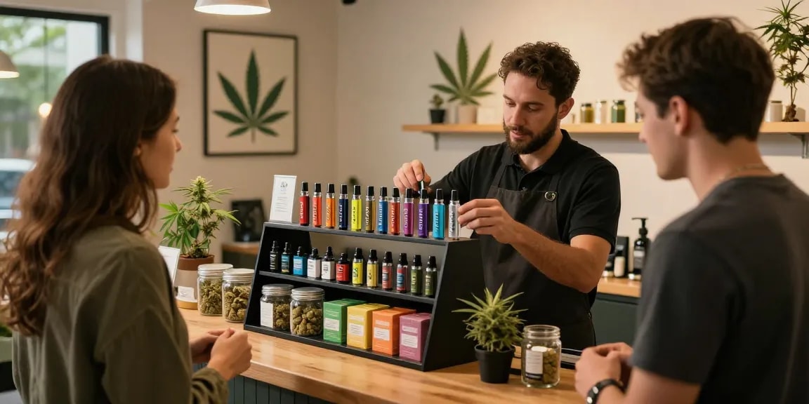 Buy Prefilled Vape Cartridges Online Europe at a vibrant cannabis dispensary with friendly staff and premium products.