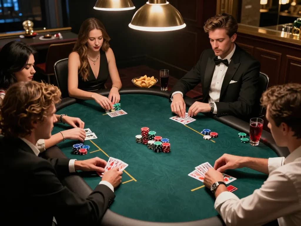 Engaged players enjoying keonhacai at a stylish poker night, vibrant chips and cards visible.