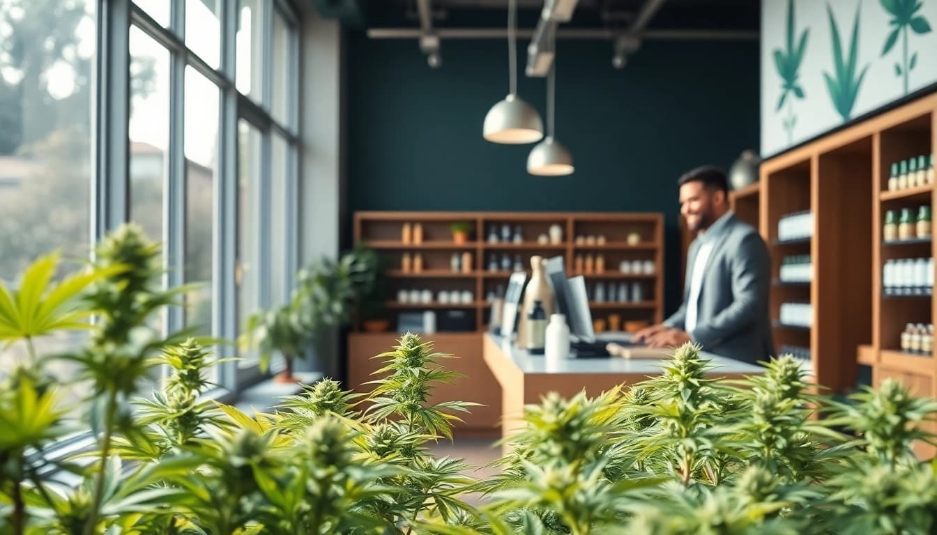 Showcasing a Weed Store with vibrant cannabis displays and engaging atmosphere for customers.