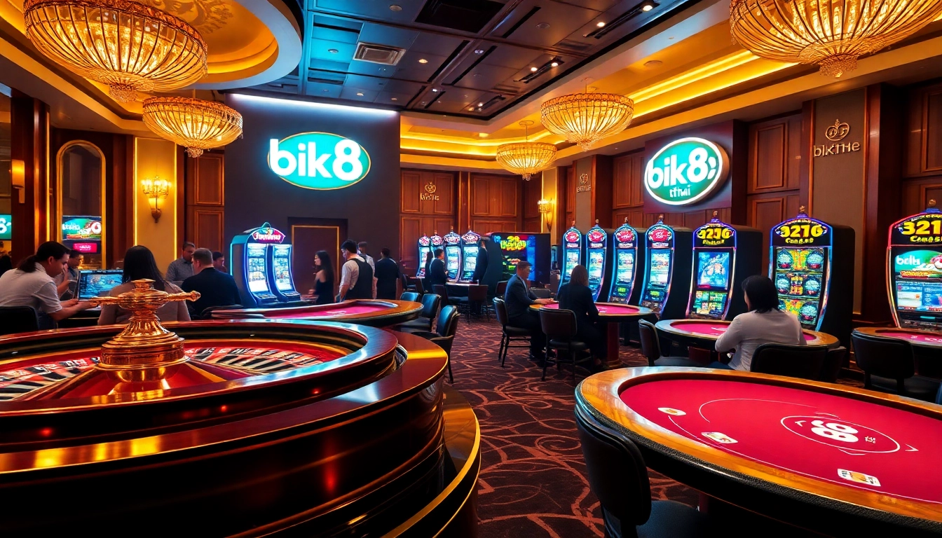 Enjoy a high-stakes game at bk8thai's luxurious casino setting, featuring lively gaming tables and slot machines.