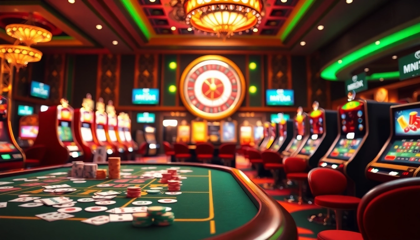 Experience the excitement of online gambling at mm88k.media with vibrant casino tables and spinning roulette wheels.