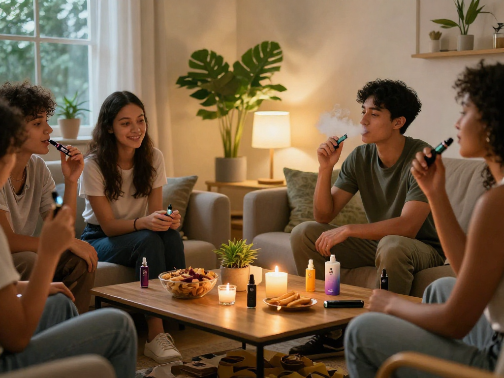 The 10/10 Boys disposable THC vape featured in a cozy gathering with friends enjoying wellness moments amidst natural elements.