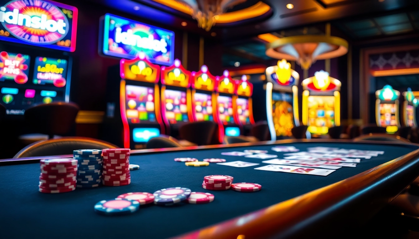 Playing slots at idnslot in a luxurious casino environment, with vivid gaming chips and vibrant machines.