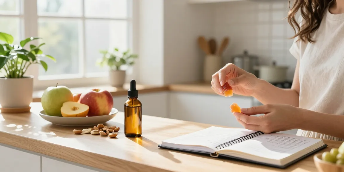 Edibles UK gummies and CBD oil showcase in a wellness kitchen, promoting natural health solutions.
