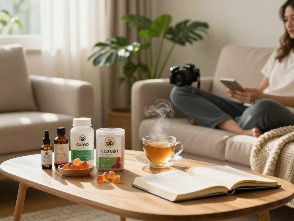Buy edibles online safely with quality CBD gummies and oils in a cozy wellness setting, emphasizing premium organic products.