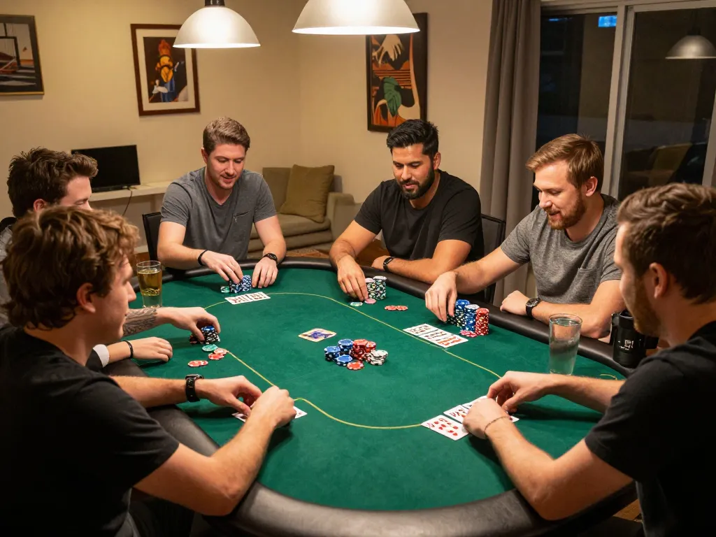 Friends enjoying a lively poker night, engaging in strategic gameplay at home, live gaming experience at lc88