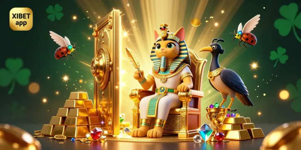 Engage with the XIBET app as a 3D pharaoh cat and scribe celebrate riches, showcasing vibrant casino elements.