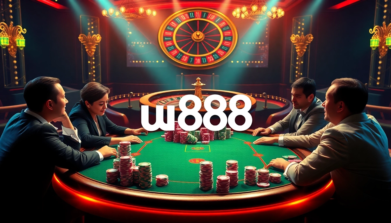 Experience the thrill of u888 with players at a high-stakes poker table amid a luxurious casino atmosphere.