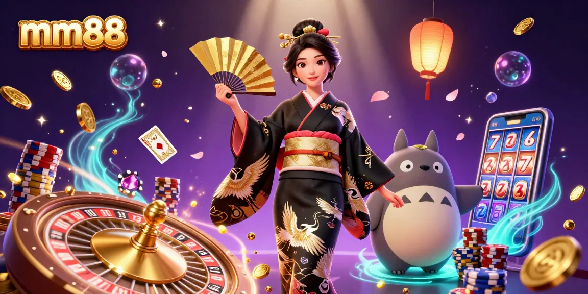 Win big at mm88 with a captivating casino scene of a woman and tanuki among golden treasures.