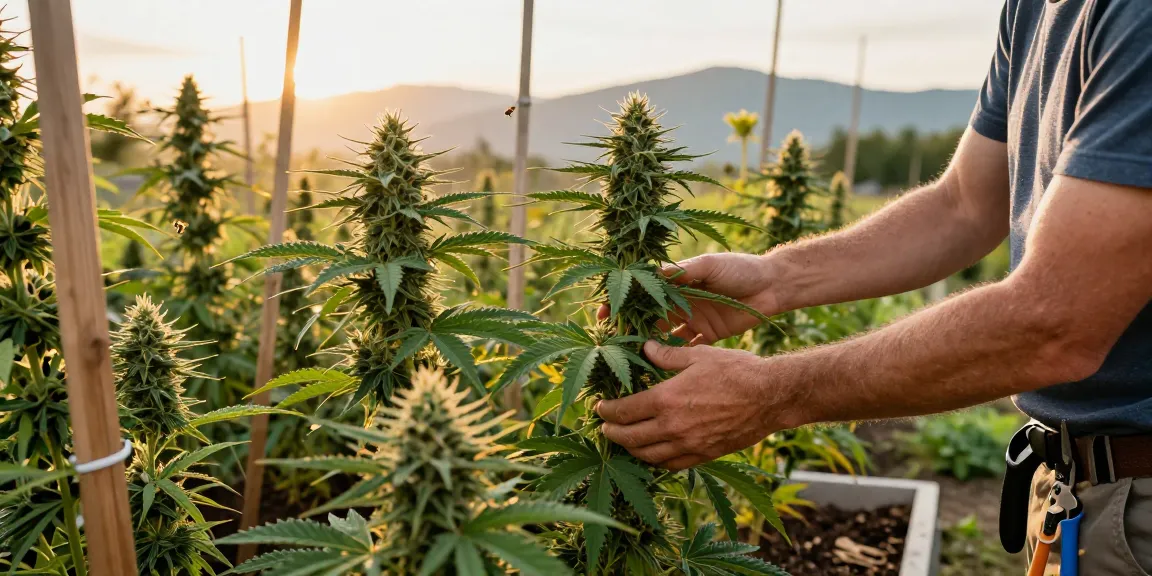 Inspecting feminised cannabis seeds in a lush outdoor garden.