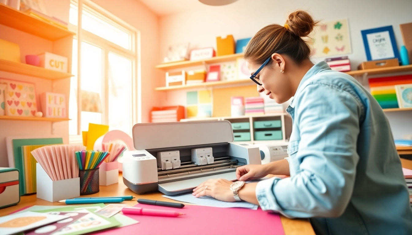 Cricut for beginners: A hobbyist using the Cricut machine in a vibrant crafting workspace, showcasing colorful materials, tools, and project examples.