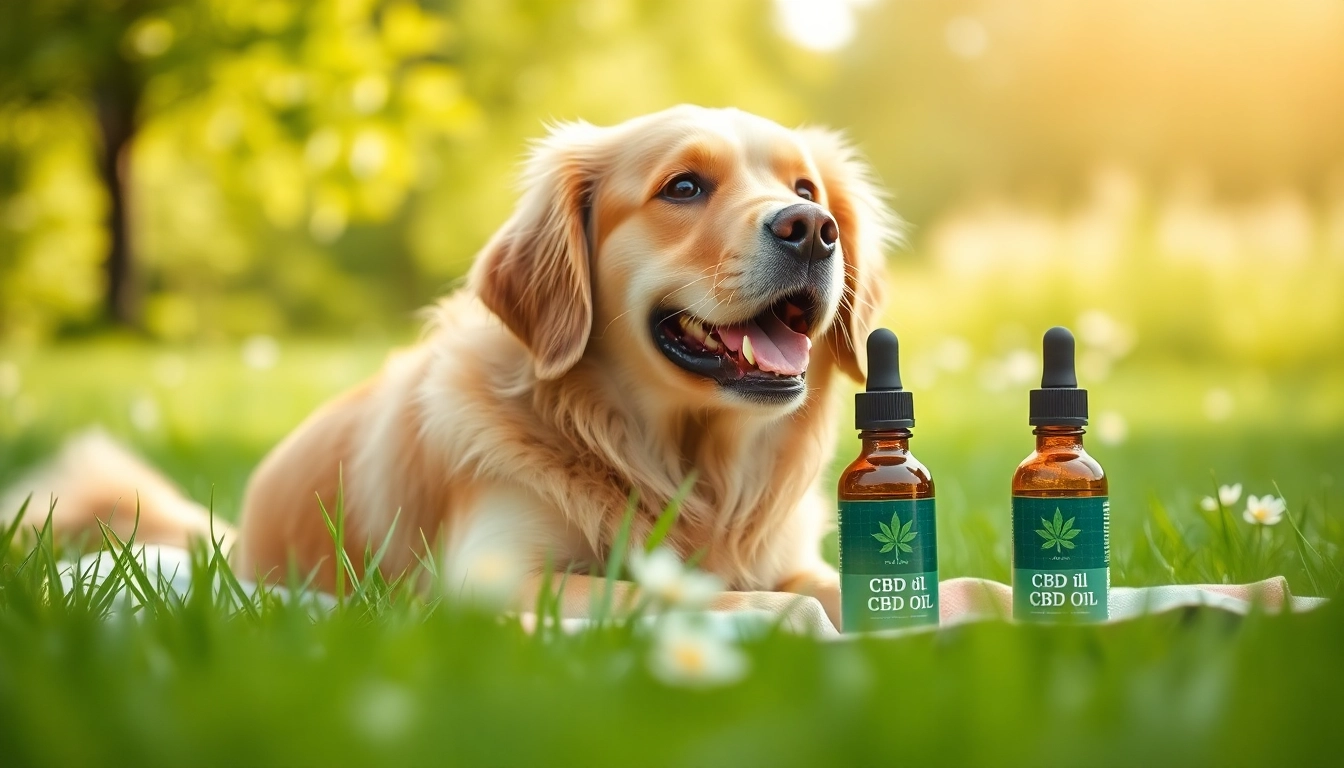 Playful golden retriever examining a bottle of CBD Oil For Dog in a serene green field.