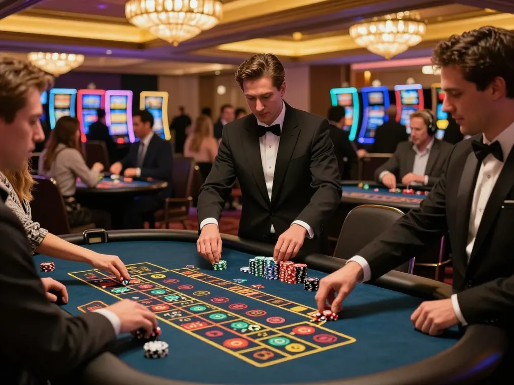 Players engaged in LLWIN Function roulette action on a vibrant casino floor, showcasing strategic betting.