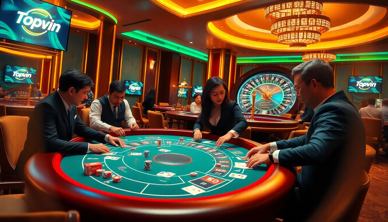 Experience the excitement of Topvin casino with players at a vibrant poker table.
