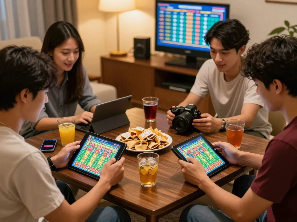 Engaged friends enjoying online lottery gaming with lô đề uy tín, displaying excitement and strategy in a cozy setting.
