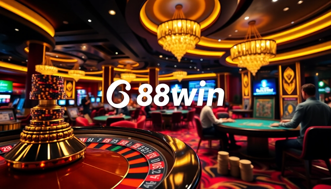 Engage in thrilling games of chance at 68win’s luxurious casino setting, featuring a roulette wheel and poker chips.