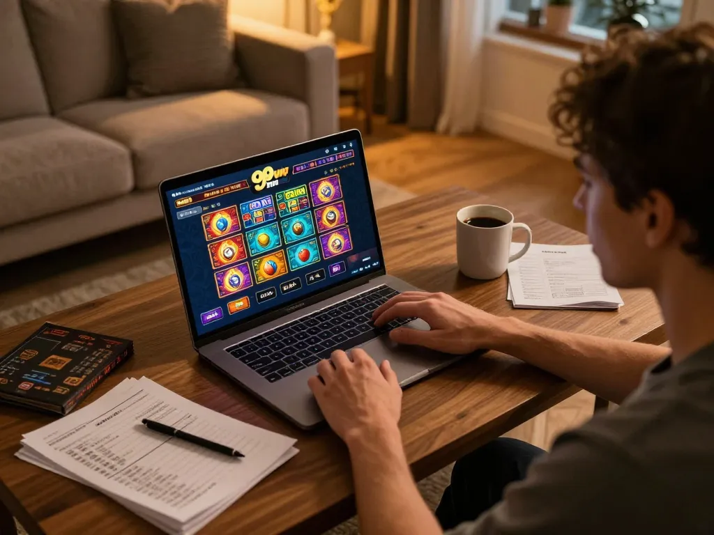 Player enjoying the 99win online gaming experience from home with a laptop and strategy notes.