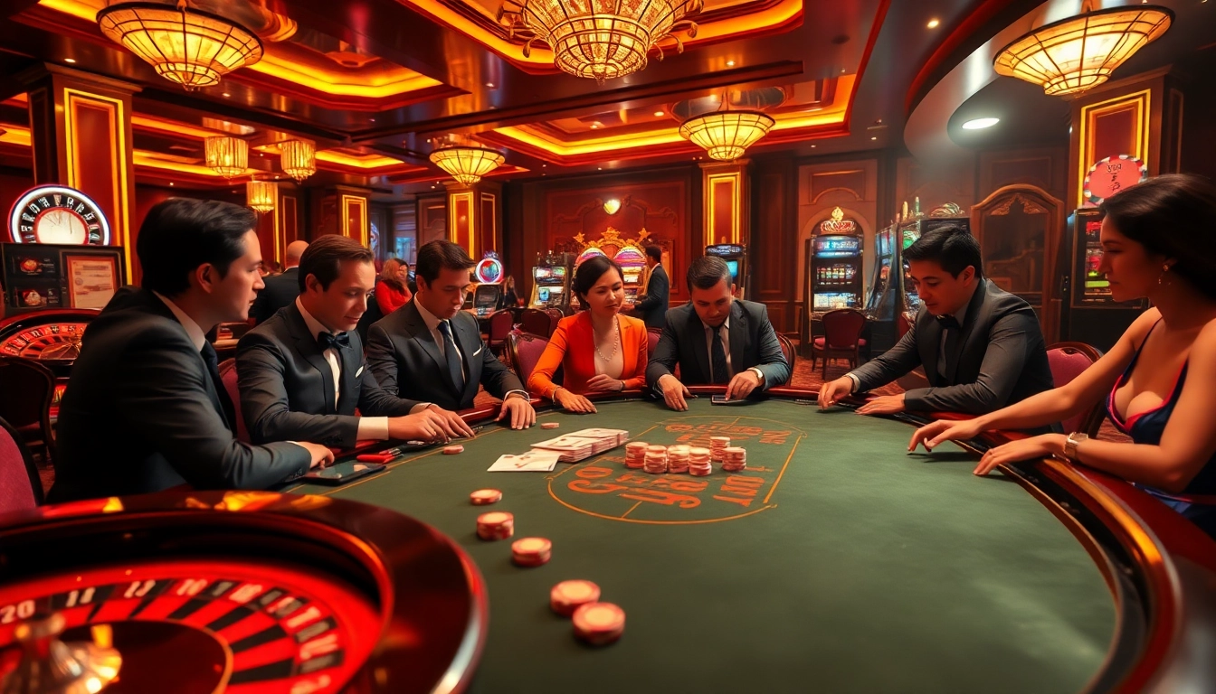 B52club players enjoying a high-stakes poker game in an upscale casino setting, surrounded by vibrant gaming elements.