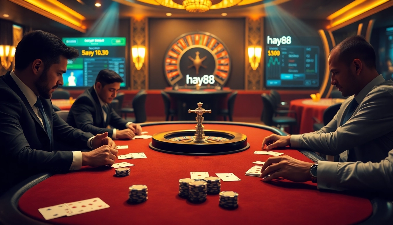 Experience the excitement of high-stakes poker at hay88 with professional players and a luxurious casino table setup.