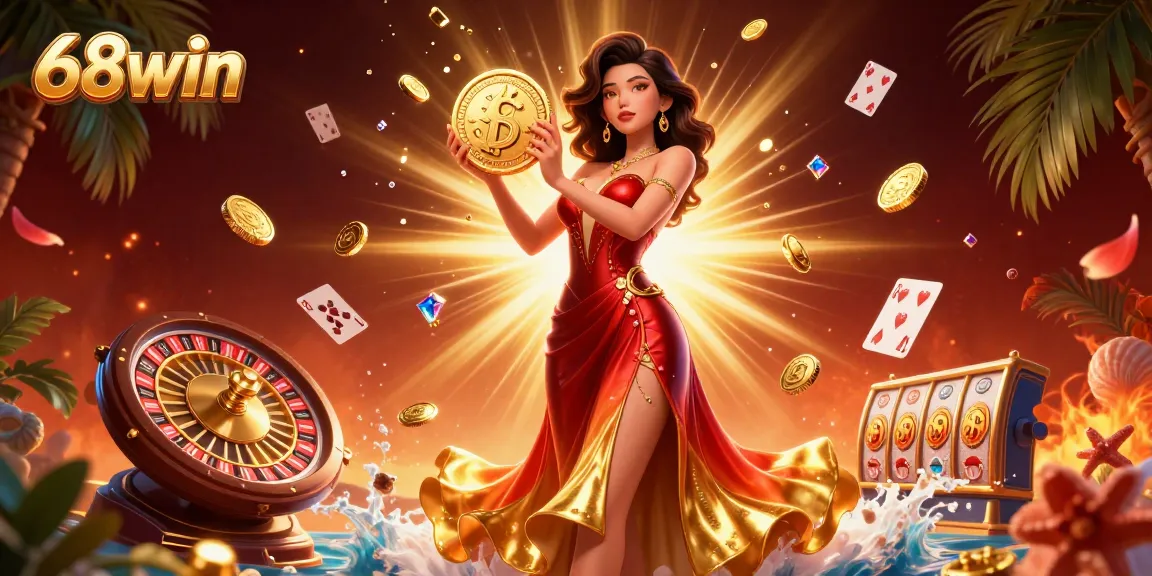 Spin and win with 68win's vibrant casino illustration showcasing a beautiful Asian woman with golden coins raining around her.