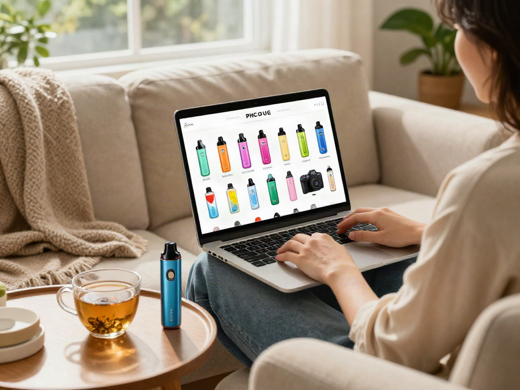 PHC Vape kaufen - Bequeme E-Commerce-Szene mit einer Person, die verschiedene Produkte erkundet.