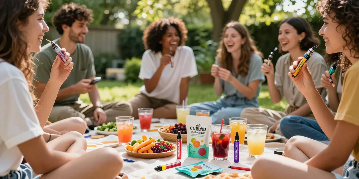 Properloud THC vape pens and CBD edibles showcased in a lively outdoor gathering, emphasizing natural wellness and organic quality.