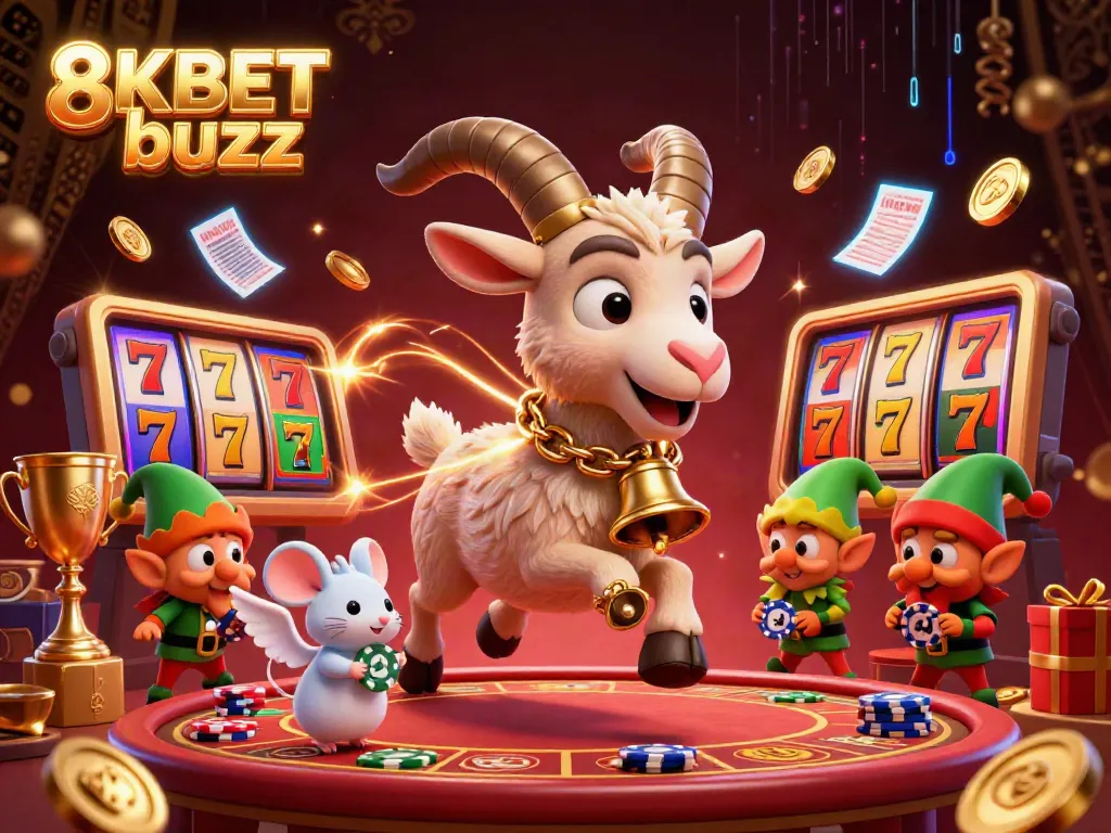 Experience the thrilling 8KBET buzz with vibrant casino elements and festive characters in a dynamic casino scene.
