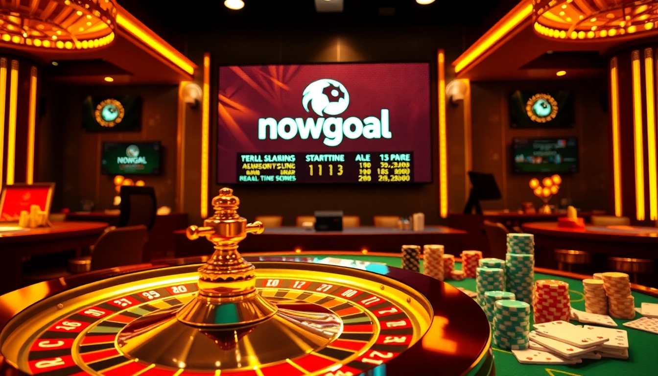 Engage in thrilling betting at Nowgoal with vibrant casino elements like roulette and poker chips.