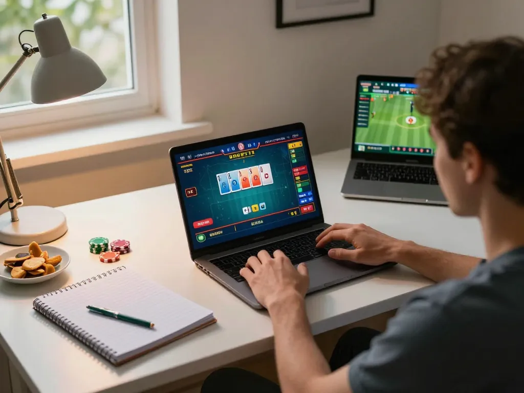 Player enjoying online gambling at trang chủ o8, engaging with poker game interface on laptop amidst stylish home setting.