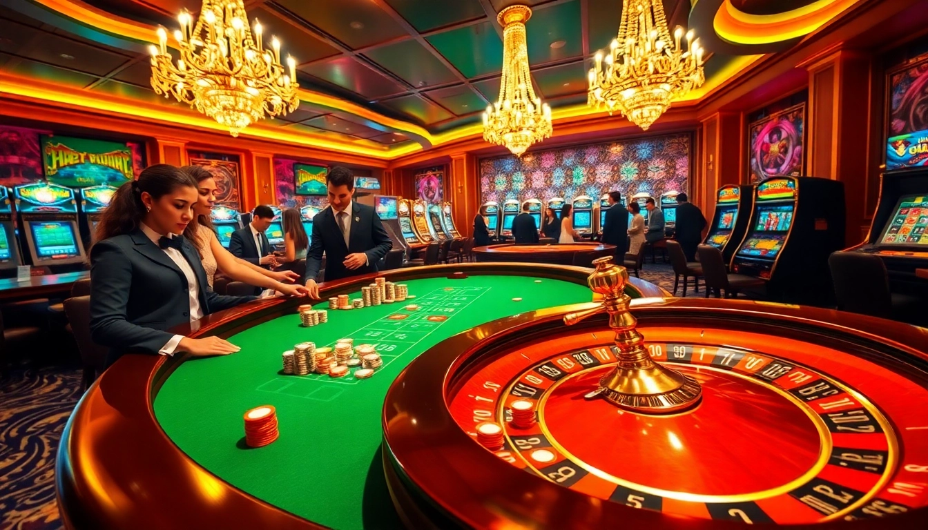 Experience the thrill of 555win as players engage at a dazzling casino table, surrounded by vibrant slot machines.
