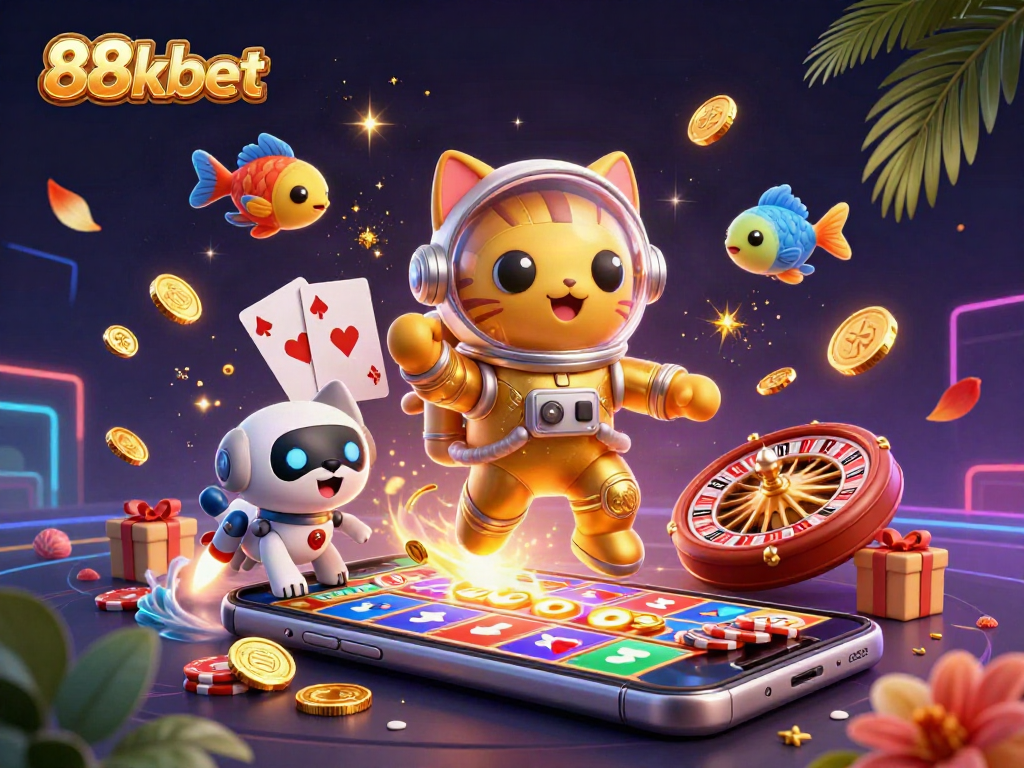 Engage with 88kbet slots featuring a playful astronaut cat and robot dog in a dynamic casino scene.
