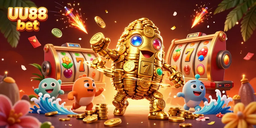 Experience thrilling action at UU88 bet with a vibrant, dynamic scene of a gold coin golem surrounded by slot game elements.