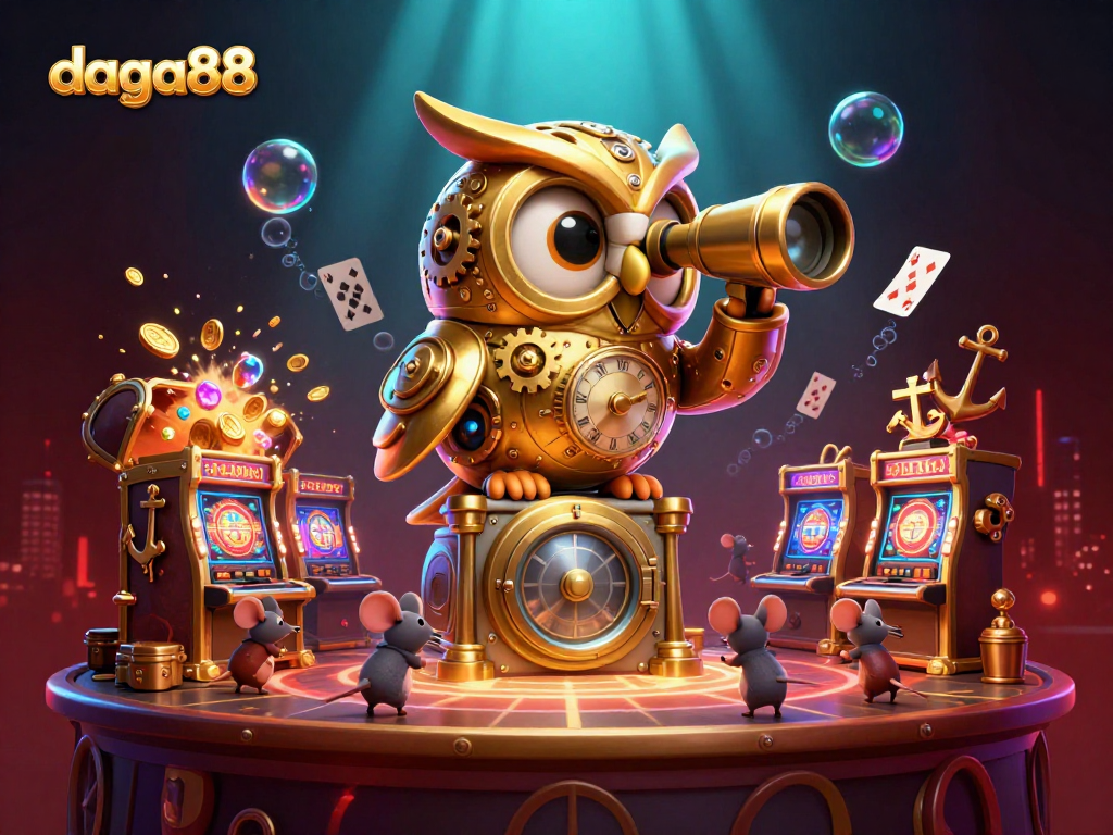 Experience the thrilling action of daga88 as a golden clockwork owl surveys the casino floor amidst vibrant game elements.