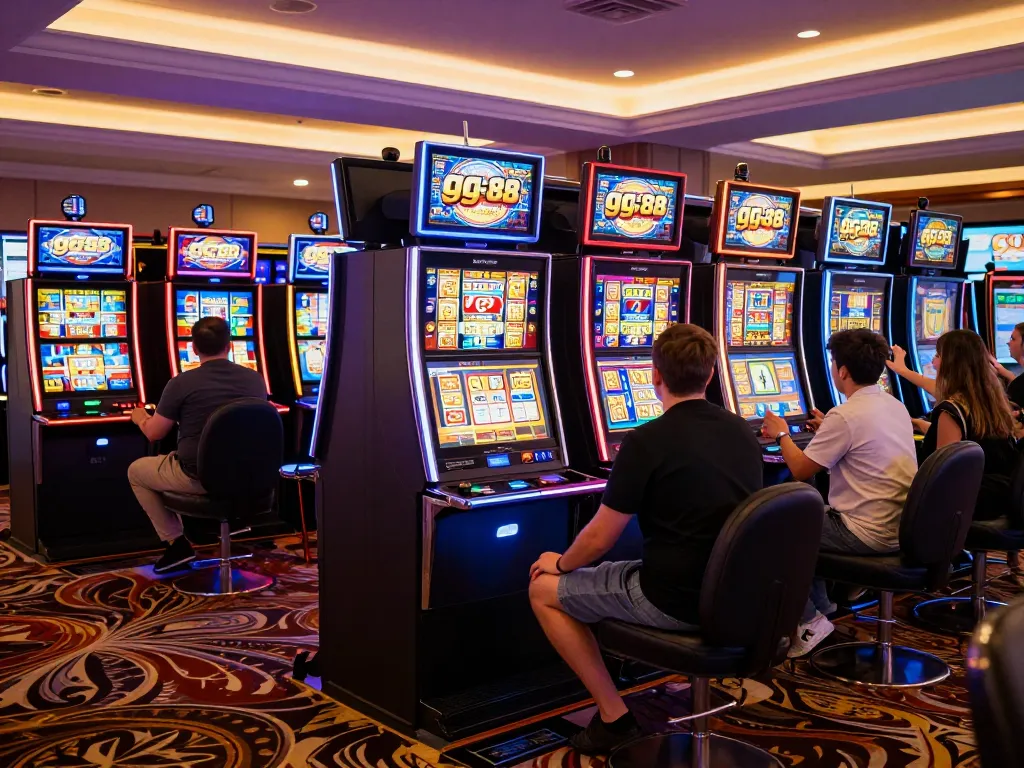 Players celebrating wins at gg88 slot machines, vibrant casino atmosphere with colorful lights