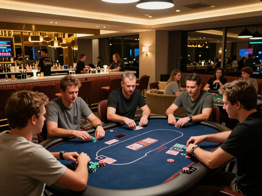 Experience strategic gameplay at rr88's upscale gaming lounge with friends during poker night.