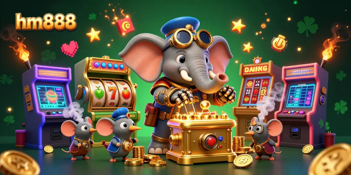 Engage in thrilling gameplay at hm888 with a steampunk elephant operating a golden slot machine amidst vibrant gaming elements.