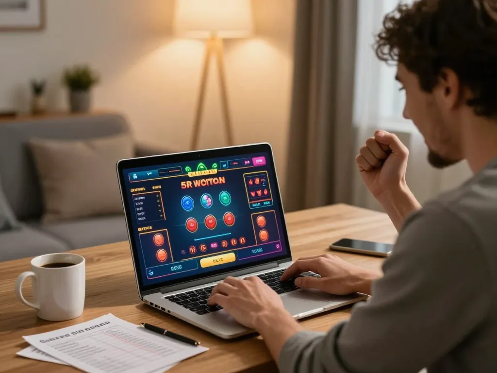 Online gambler celebrating a betbet victory while playing on a laptop at home.