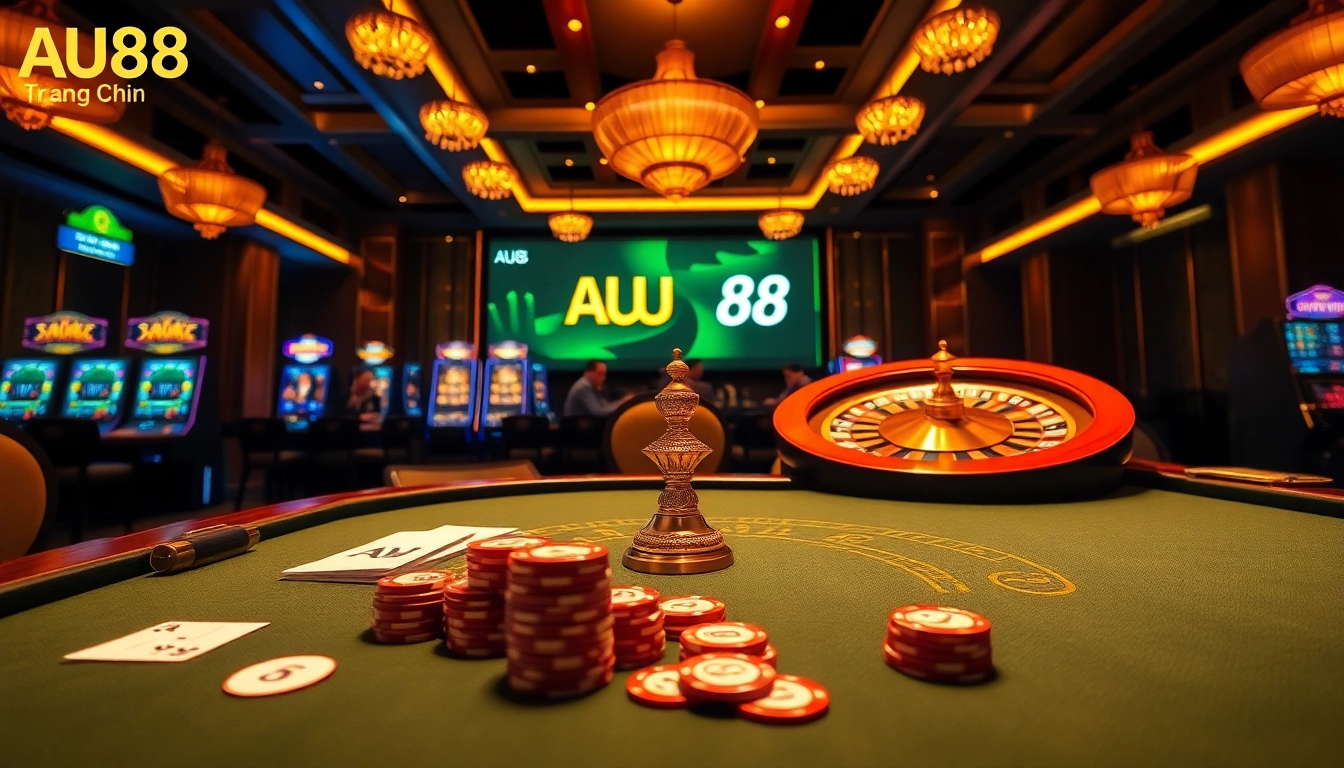 Engaging scene of gambling excitement at Trang Chủ AU88 showcasing poker, roulette, and online gaming.