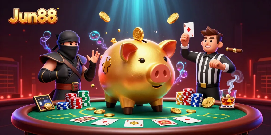 Experience the excitement of Jun88 with a colorful, dynamic casino scene showcasing a piggy bank sumo wrestler and gaming action.